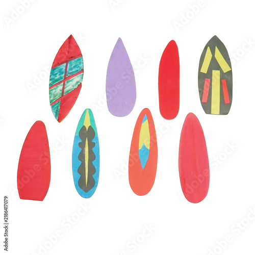 Collection of colorful surfboard shaped paper cutouts with various patterns and solid colors arranged on a white background, craft supplies isolated on a transparent background