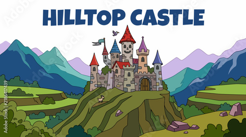 Fotografie hilltop castle with rugged stone walls, defensive towers, elevated fortress arch
