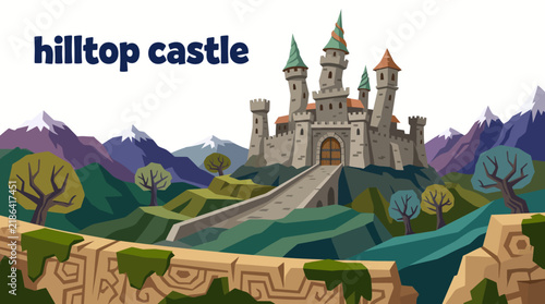 Принти на полотні hilltop castle with rugged stone walls, defensive towers, elevated fortress arch