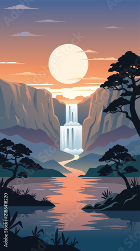 Waterfall and Mountains at Sunset Landscape Illustration