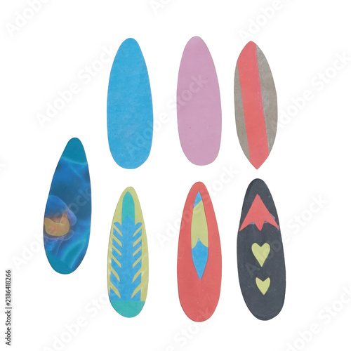 Eight oval shaped paper cutouts with various colorful patterns and solid colors arranged on a plain white background, for craft activities isolated on a transparent background