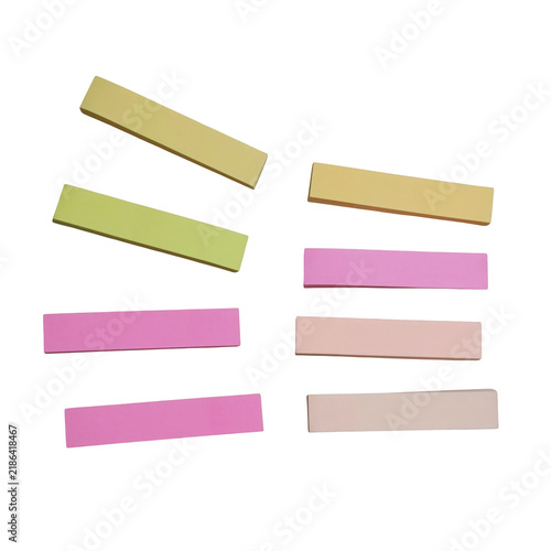 Eight rectangular paper strips in various pastel colors including yellow, pink, and peach arranged on a clean white background surface isolated on a transparent background