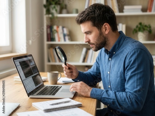 Focused Businessman Inspecting Digital Data With Magnifying Glass