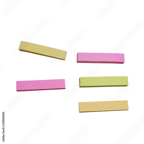 Five rectangular strips of colorful paper in pink, yellow, and light green arranged , stationery and craft supplies isolated on a transparent background