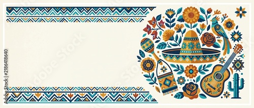 Ornate Mexican folk background with sombrero guitar bird flowers watercolor illustration