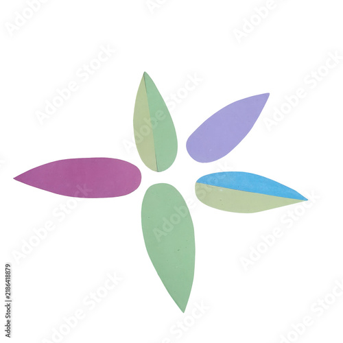 Five teardrop shaped paper cutouts in pastel colors arranged in a floral pattern on a plain white background, for decorative use isolated on a transparent background