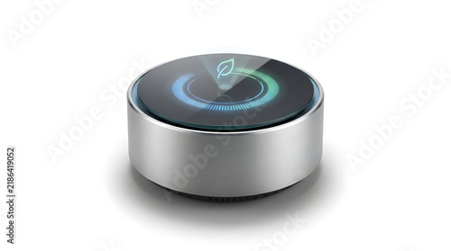 Smart home energy monitor device with glowing leaf icon on white background