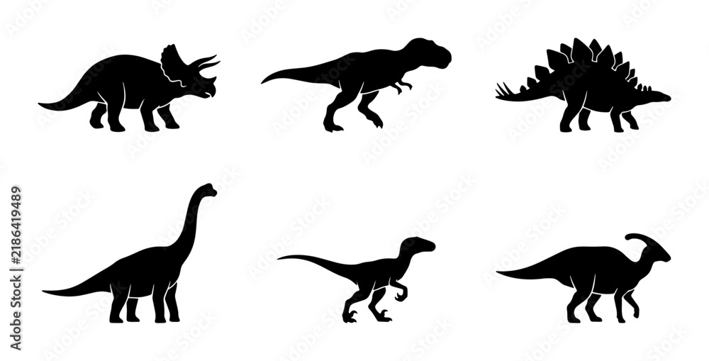 Obraz premium Dinosaur Silhouettes Vector Set: Prehistoric Creatures, Jurassic Icons, Ancient Reptiles, Paleontology Graphics