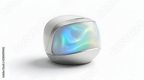 Modern air quality monitor with glowing blue light isolated on white background