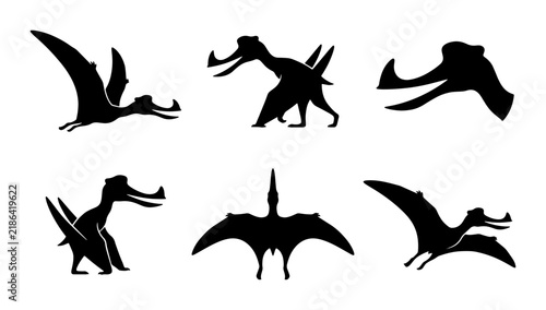 Obraz na plátně Pterodactyl Silhouettes, Flying Dinosaur Vector Icons, Prehistoric Reptile Graph