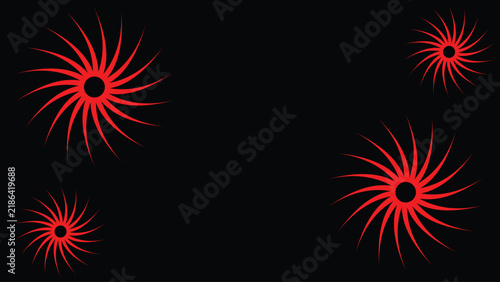 Four red starburst shapes float in a dark space, each radiating sharp lines for a striking visual effect.