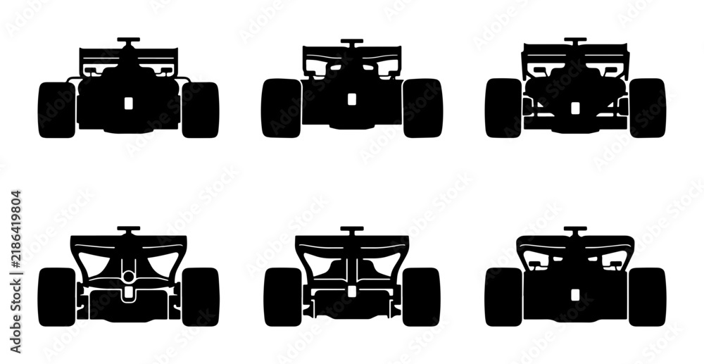 Obraz premium Formula 1 Racing Cars, Set of 6 Vector Silhouettes, Motorsport Speed Vehicle Icons