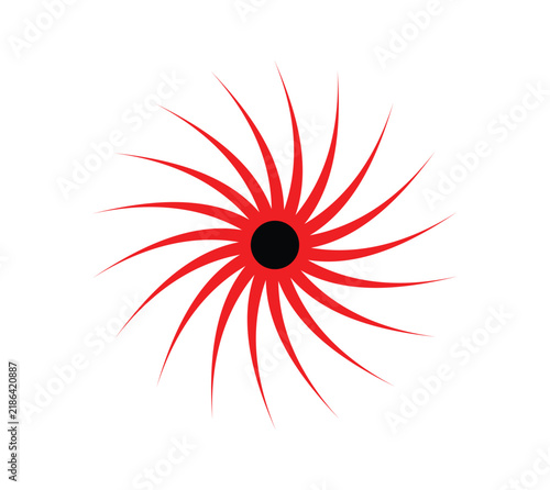 Geometric red starburst illustration features symmetrical rays radiating from a central black dot.
