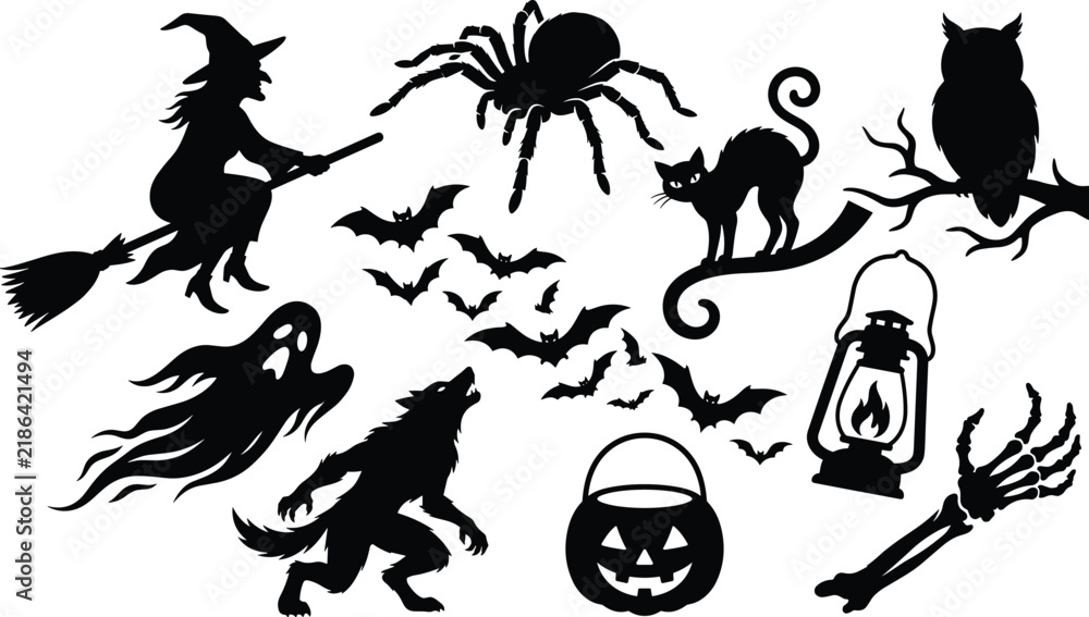 Fototapeta premium Halloween silhouette set with flying witch spooky ghost werewolf black cat spider bats owl lantern pumpkin and skeleton hand isolated on white background