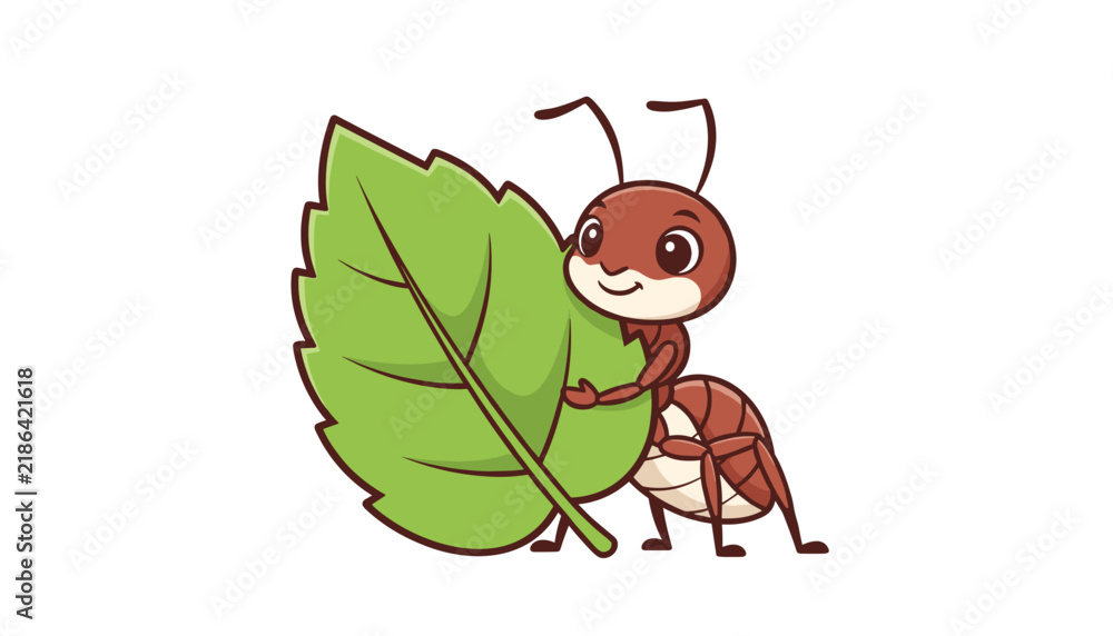 Fototapeta premium Delightful cartoon illustration of a friendly little brown ant holding and carrying a large fresh green leaf.