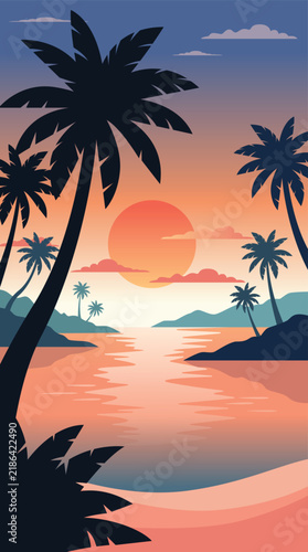 Tropical Beach Sunset Landscape Illustration