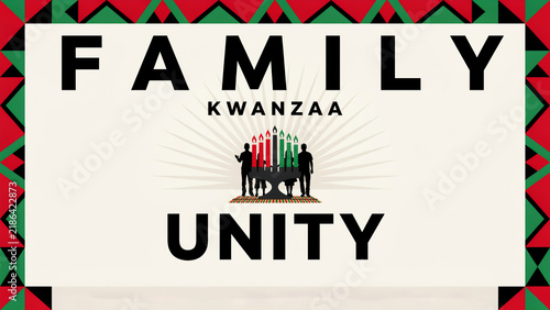 Kwanzaa holiday celebration banner with family silhouettes, kinara candles, and traditional african pattern border
