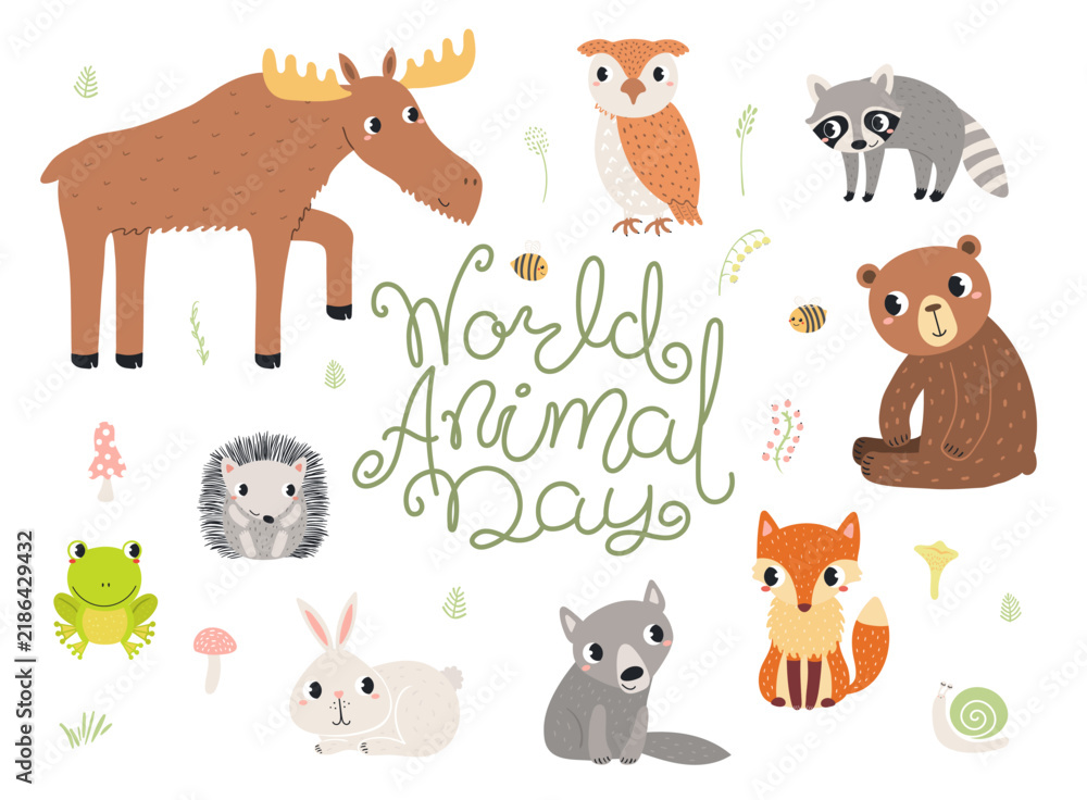 Obraz premium Cute wild animals World Animal Day design with text, plants. Woodland wildlife. Kawaii cartoon characters. Hand drawn flat vector illustration, design element for environment protection