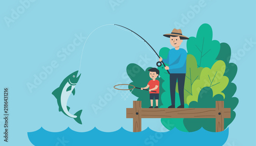 Father and son enjoying a fishing day on a wooden pier catching a large jumping fish in a blue lake.