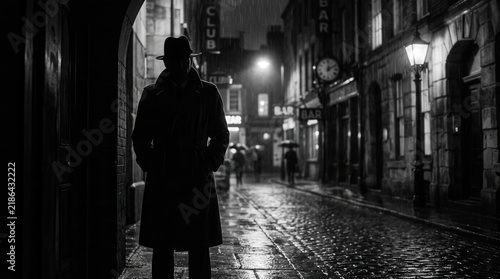 Dramatic Noir Detective Silhouette In Rainy Night Alleyway Scene