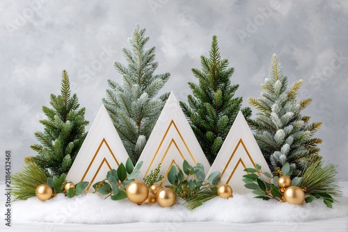 Frosted Christmas trees with geometric white and gold mountain decorations