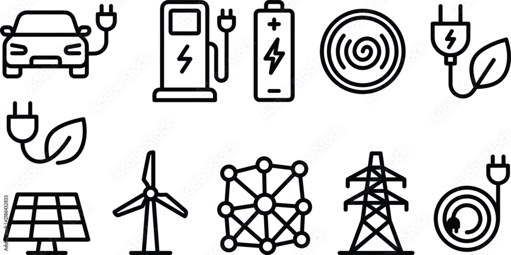Fototapeta premium Renewable Green Energy and Electric Vehicle Charging Line Icon Set Featuring Solar Panels Wind Turbines Power Grid and EV Cars for Sustainability Graphics