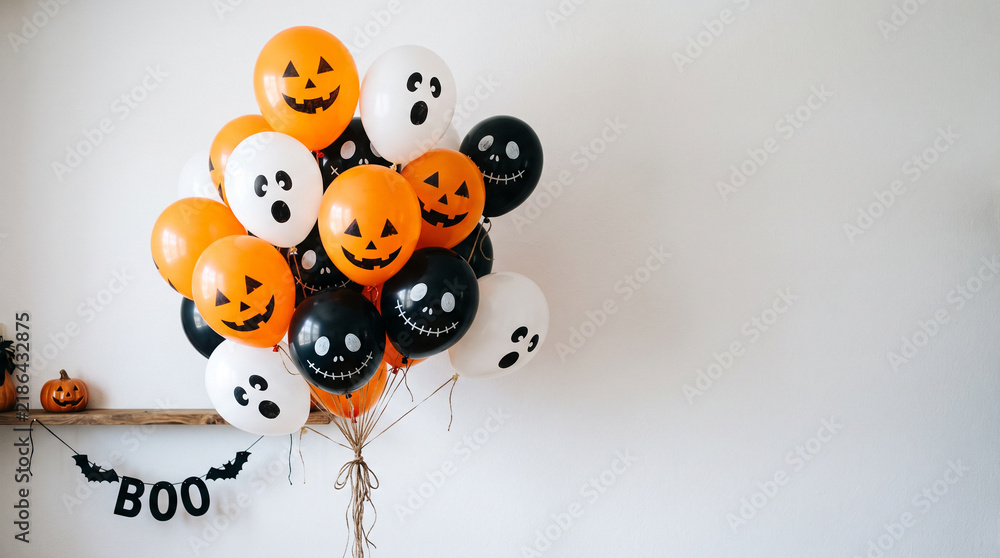 Fototapeta premium Orange, black and white Halloween balloons with pumpkin, ghost and skull faces floating against a bright white wall with copy space for festive party design.