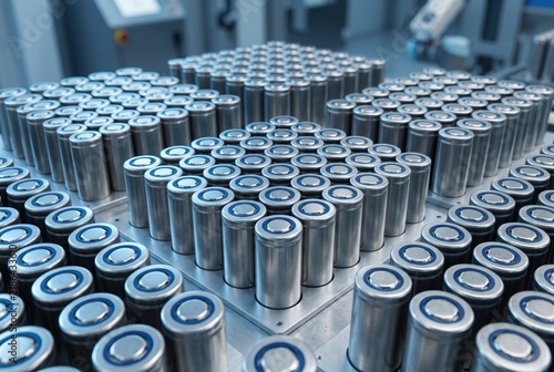 Rows of cylindrical lithium-ion battery cells arranged on assembly trays in a modern high-tech automated manufacturing plant for electric vehicles and energy storage.