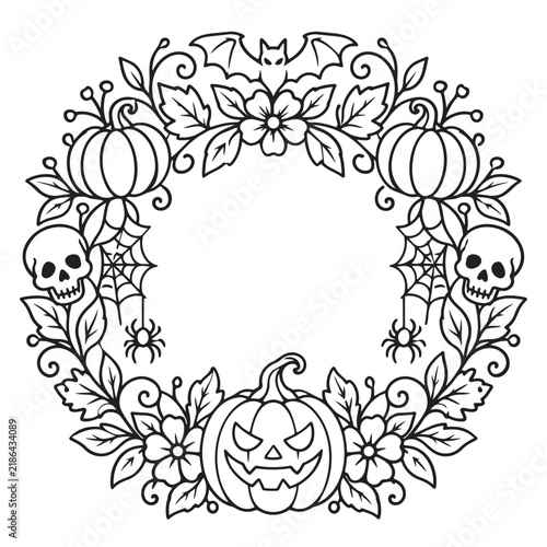 Halloween Floral Frame with Pumpkins, Skull, Spider and Bat Line Art