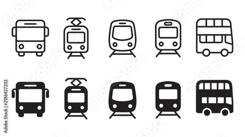 Collection of public transport vehicle icons showing buses trams and trains with transport carriage isolated commuter