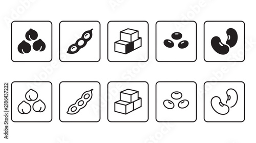 Various legume and plant based protein vector icons in clean square frames with chickpeas vegetarian nutrition