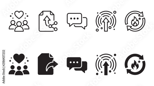 Set of social interaction and digital communication icons in line and solid styles with communication symbols