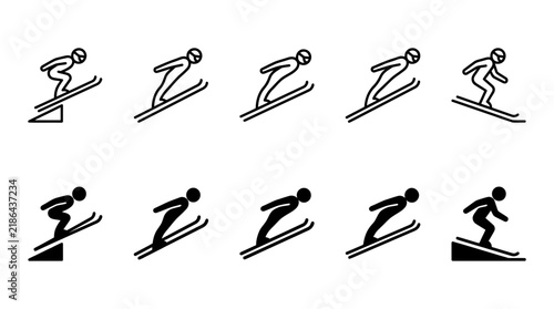 Skiing sport activity linear and solid icon set with winter sports ski icons ski athlete ski jump winter activities