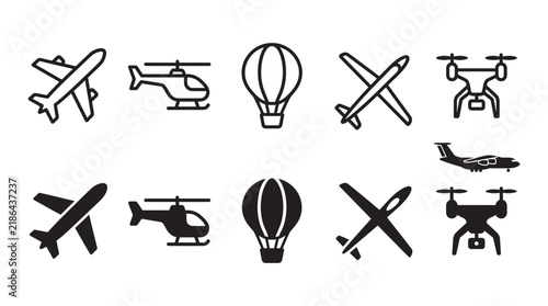 Aviation and transport icons showing aircraft helicopter drone and balloon with transport symbols