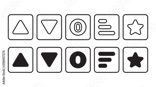 Universal interface navigation and shape icons including arrow and list elements with UI symbols list menu bullet list