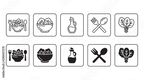 Set of food and dining icons including salad bowl oil bottle cutlery leafy vegetables in outline and solid styles