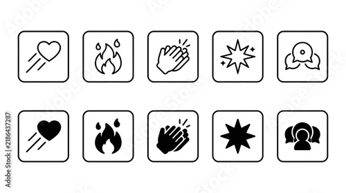 Collection of lifestyle and abstract concept icons featuring heart fire clapping hands sparkle group chat symbols