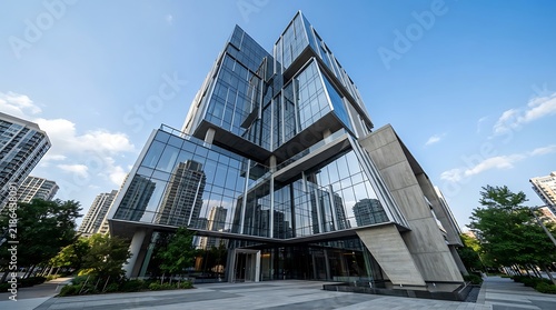 Modern glass skyscraper exterior under bright blue sky with reflections of city buildings and trees