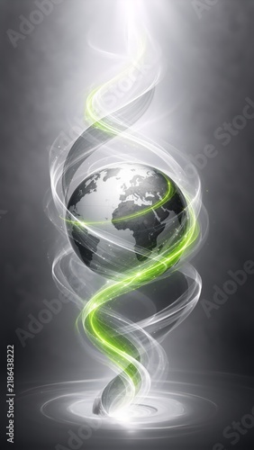 A glowing Earth sphere is wrapped in translucent white and green energy swirls on a dark background, creating a futuristic concept of motion, connection, and technology.