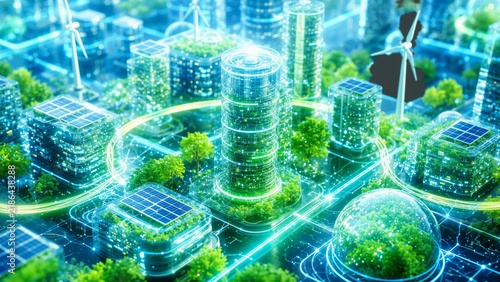 Glowing futuristic cityscape with solar panels, wind turbines, and green dome buildings connected by bright digital energy lines, illustrating sustainable urban technology.