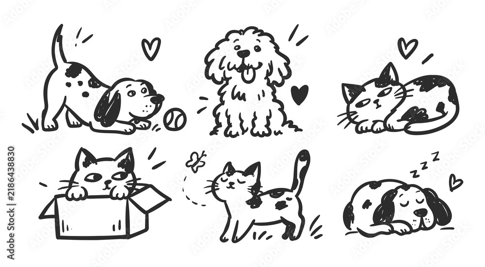 Obraz premium Cute hand drawn cats and dogs doodle set playing sleeping and resting line art