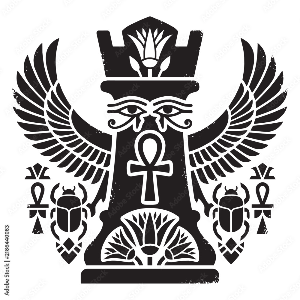 Fototapeta premium Symbolic Ancient Egyptian Hieroglyphic Illustration of a Chess Rook with Winged Ankh Eye of Horus Scarab Beetle and Papyrus Lotus Motif