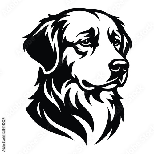 Black and white vector illustration of a golden retriever dog head isolated on a white background