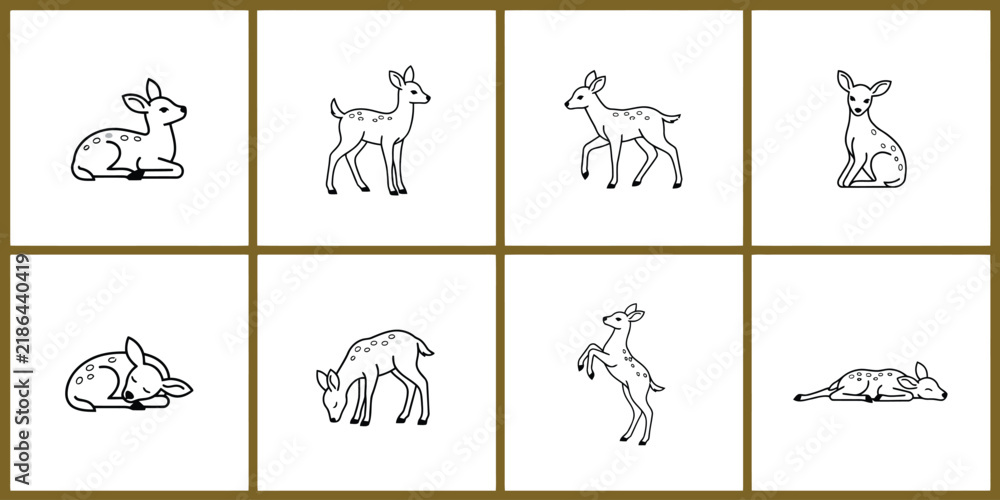 Fototapeta premium Minimalist deer fawn line art icons, set of 8 baby deer vector illustrations, simple woodland animal sketches for nursery decor