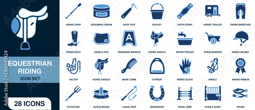 Bild auf Leinwand Equestrian riding icon set featuring horse care equipment, tack, saddles, groomi