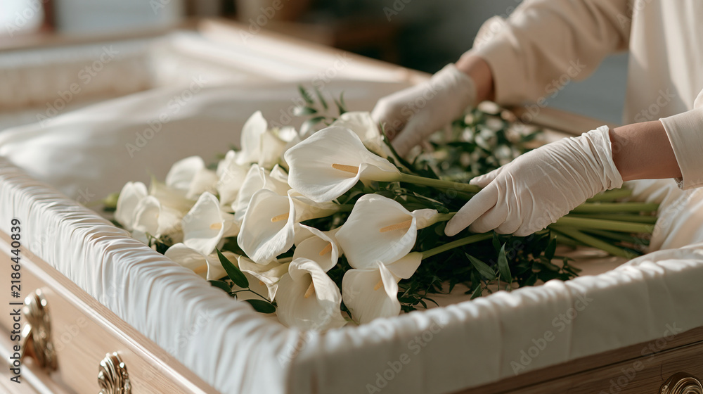 Obraz premium Close up of a mortuary worker's gloved hands arranging white calla lilies inside a satin lined casket interior, funeral preparation detail, casket floral arrangement, professional