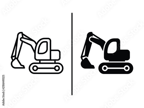 Hydraulic excavator vector icon with bucket and tracked base, clean outline and filled design for construction, earthmoving and machinery