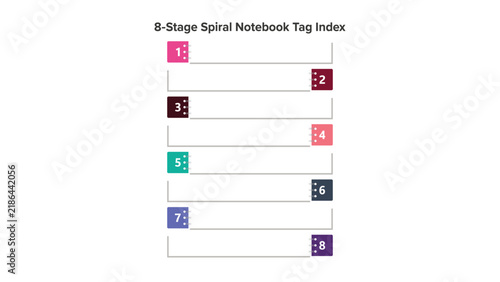 Spiral notebook tag index infographic vector template. Features 8 stages with colorful numbered tabs and text placeholders. Clean modern layout for business presentations.