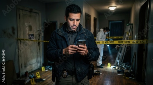 Detective Investigating Crime Scene Using Mobile Device Inside Building