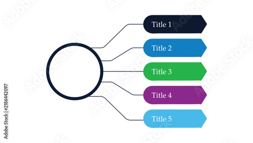 Business infographic template vector. Features central circle connected to five colorful horizontal label banners. Clean presentation diagram for corporate workflow and data structure.
